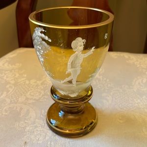 Mary Gregory Victorian Amber hand painted, hand blown glass, gold rim goblet